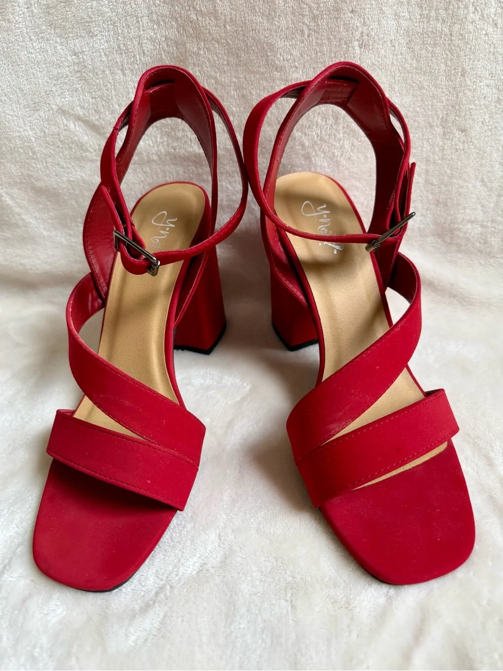 YNot Red Strappy Block Heel Sandals Square Toe Ankle Strap Size 9